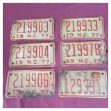 6 - NC Motorcycle Plates - five 1977, one 1979
