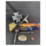 Box lot of misc including belt buckle, lighted