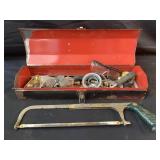 Metal tool box with various tools handsaw