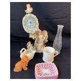 Box lot including angle clock, Soap dish, dog