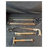 Box Lot of Tools, Saws, Hammer, crimper, brush