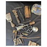 Box lot of old tools including strap, 2 folding