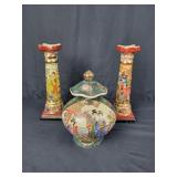 Asian Candle Stick Holders & Handpainted Vase