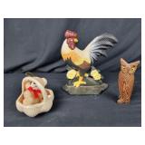 Cast Iron Chicken, Basket & Wood Owl
