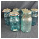 6 blue Mason Jars with Glass Lids- 5 ball jars, 1