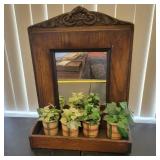 Wood Shelf with Mirror and Faux plants