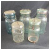 5 Mason Lars with glass lids - various brands a