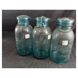 3 Blue Ball Ideal Mason Jars 6,6&8