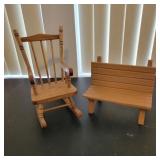 Small Wood Dolls Rocking Chair and Ceramic Bench