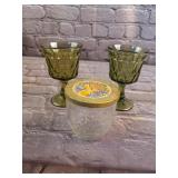 2 Green Goblets with Clear Glass Jar