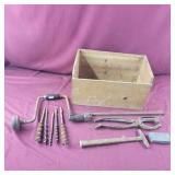 Wood Crate with tools - Brace bit, drill bits,