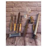 Box Lot of Vintage Utensils, Eye Wash Cup, and