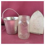 Small Metal Bucket, Iron Rest, and Ball Jar