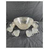 Glass punch bowl 12" with cups and ladle
