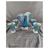 Blue carnival Indiana glass pitcher and goblets