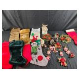Vintage Christmas decorations, and stockings,