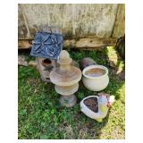 2 planters, concrete piece, bird house