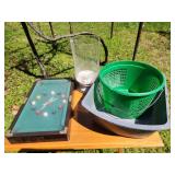Pool table clock, vase, 2 plastic bins