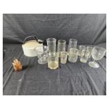 Assorted glasses teapot wooden toothpick holder