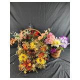 Faux flowers, wreath, planter and large basket