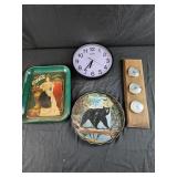 Coca cola tray, wall clock, barometer, bear tray