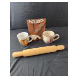 Rolling pin, 2 coffee mugs, welcome sign