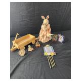 Vintage rabbit doll, figurine, windchime, wagon