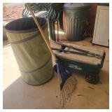 Lawn Buddy Rolling garden cart, lopers, rake,