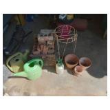 Misc lot. Bricks, watering jugs, plant stand and