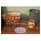 2 woven baskets and 2 metal baskets decor