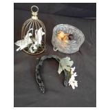 Mini brass colored bird cage with flowers, glass