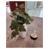 10" white vase with faux ivy, doves snow globe