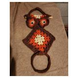 Vintage 1970s OWL Towel  Holder Retro Crocheted