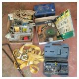 Misc Box Lot, tow strap, sand paper, lug Wrench,