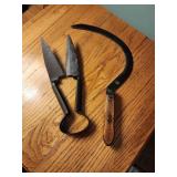 Vintage hand farm tools, shears, sickle