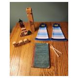 Lighthouse spoon holders, vintage spelling book,