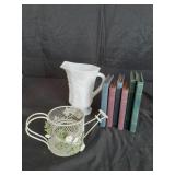 Milk glass pitcher, flower pot candle holder and