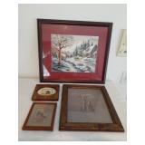 Cross stitched framed work 12.5 x 15, 5.5 x 7, 7