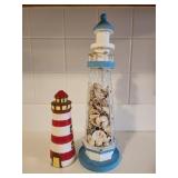 7" ceramic lighthouse and 14" wooden lighthouse