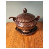 Ceramic brown tureen ladle and knob has