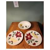 Hand painted floral bowl and plates, bowl has a