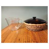 Anchor hocking brown covered dish in basket,