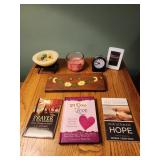 Faith books, wood  wall hanging, candle, clock