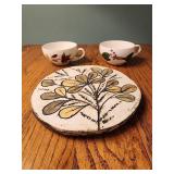 2 handpainted cups and pottery handpainted wall