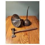 Vintage funnel, vintage oil can and meat