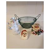 Green metal basket, snow globe, santa night light