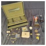 Jewelry box and contents - Tie Pins, Watches,