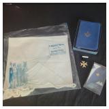 Masonic Items- Apron, 1957 Bible and pins