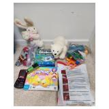 Games ,blocks, stuffed animal, thomas the train,