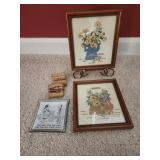 Small needlepoint framed , wine corks, funny
